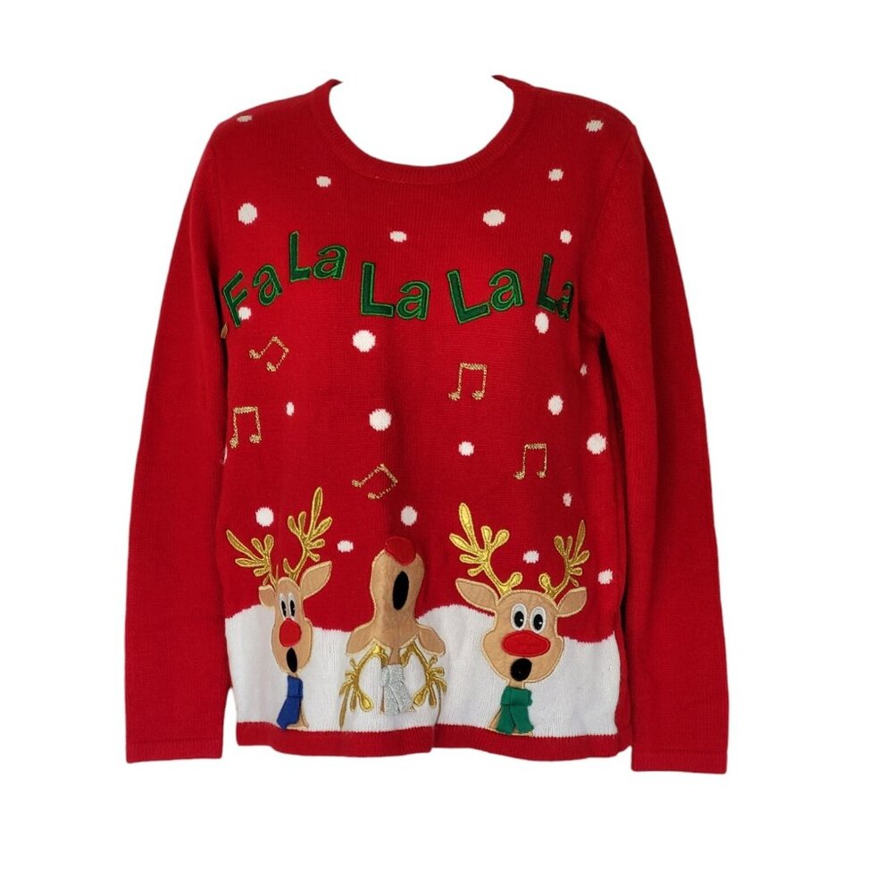Holiday Time Sweater Womans Sz S Vtg Red Reindeer Falalalala Christmas - Picture 2 of 11